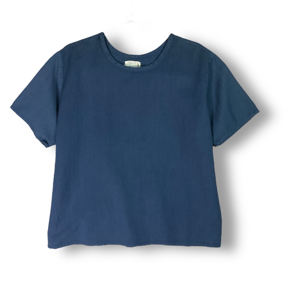 Flax Linen Blend Top Sz L Blue Classic Capsule Short Sleeve Boxy Tee Relaxed
